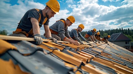Group of worker roofing who are covering the roof of a newly built house. Generative AI. - obrazy, fototapety, plakaty