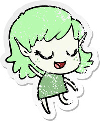 distressed sticker of a happy cartoon elf girl