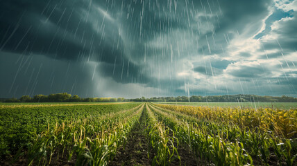 Rain over corn field. Dramatic sky over corn field. Rainy weather.