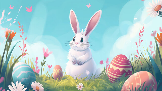 Easter bunny surrounded by colorful eggs in spring meadow under blue sky. Vector