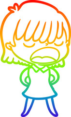 rainbow gradient line drawing cartoon woman talking loudly