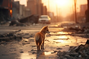 Inquisitive wild fox exploring the eerie streets of a dark, abandoned city at night - obrazy, fototapety, plakaty