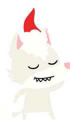 friendly flat color illustration of a wolf wearing santa hat