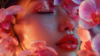 A beautiful girl adorned with orchid flowers, showcasing a beauty model's face with perfect skin....