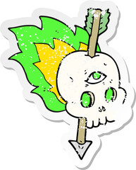 retro distressed sticker of a cartoon magic skull with arrow through brain