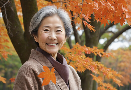 Japanese senior woman with autumn leaves and a smile