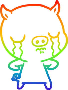 recommend clip art: rainbow gradient line drawing cartoon pig crying