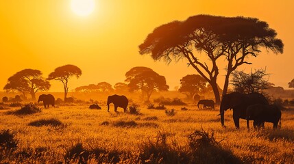 Obraz premium Nature’s Majesty: Elephants, Golden Grasslands, and Acacia Trees Under a Radiant African Sunset