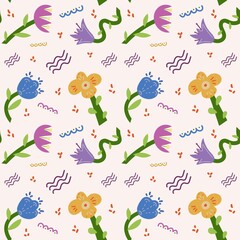 Colorful flower seamless pattern illustration. Children style floral doodle background, funny basic nature shapes wallpaper.