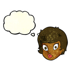cartoon surprised female face with thought bubble