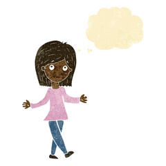 cartoon woman with no worries with thought bubble