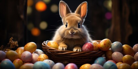 Fototapeta na wymiar Easter little cute bunny with eggs sitting in a basket, banner, copy space