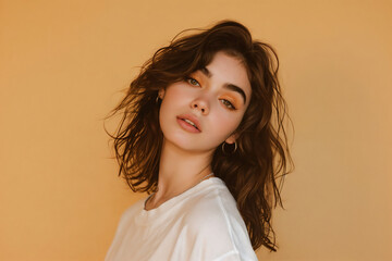 A captivating girl with impeccable makeup, embodying concepts of youth and skincare. attractive brunette girl against a beige background. - obrazy, fototapety, plakaty