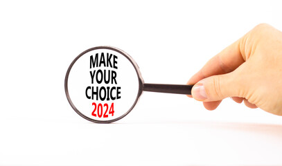 Make your choice 2024 symbol. Concept words Make your choice 2024 on beautiful magnifying glass. Beautiful white table white background. Voter hand. Business Make your choice 2024 concept. Copy space