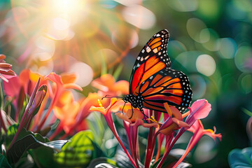 a close-up photo of a vibrant butterfly resting on a colorful wildflower, with sunlight filtering through the leaves.