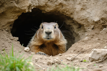 Groundhog Peeking Out of Its Hole