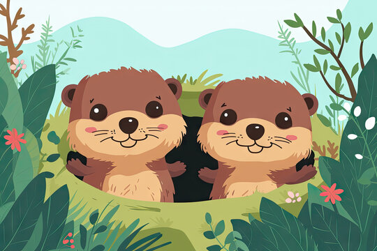 Groundhog Day adorable cartoon marmots emerging from a hole, sunny days.