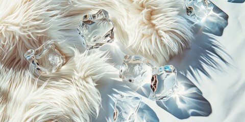 Chic and minimalist ice concept with ice cubes casting shadows on a furry white texture, suitable for high-fashion or luxury brand visual campaigns - obrazy, fototapety, plakaty