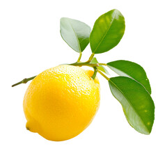 A yellow lemon is sitting on a leaf Isolated on transparent background, PNG
