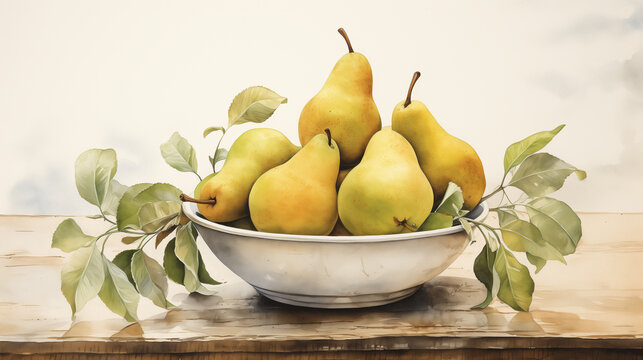 A whimsical watercolor artwork capturing the simplicity and beauty of a bowl of ripe pears on a rustic table.