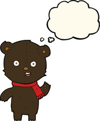 cartoon waving black bear cub with scarf with thought bubble