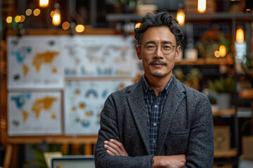 Fototapeta premium Asian businessman, presentation and portrait or business plan in office, boardroom or desk. Whiteboard, close up and background for strategy, agreements and negotiation in modern corporate scene