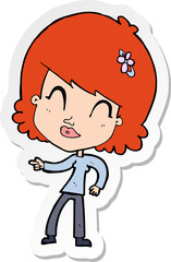 sticker of a cartoon happy woman pointing