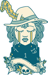 crying human druid character with natural one D20 roll illustration