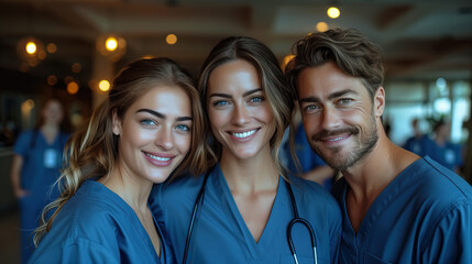 Handsome and beautiful medical staff, standing together, their joy and professionalism reflected in the lobby's brightness.