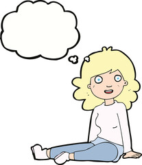 cartoon happy woman with thought bubble