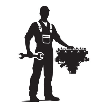 recommend clip art: Automotive Artisan: Vector Mechanic Silhouette - Crafting Precision and Performance with Expertise and Skillful Proficiency. Vector Mechanic Illustration.