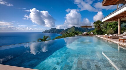 Panoramic perfection in a high-quality image of a luxurious pool, where vanishing edges meet a...