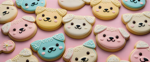 Colorful cookies shaped like cute dog faces. Animal face cookies. Decorated with chocolate and icing.