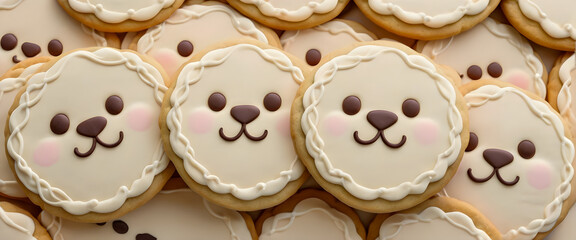 Cute animal shaped cookies. Eyes, nose, mouth decorated with chocolate. Close up of cookies.