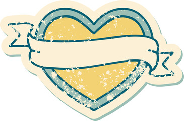 distressed sticker tattoo style icon of a heart and banner