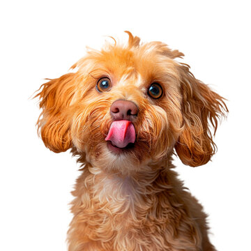 A cute dog with a pink tongue sticking out. Pudle licking a lips. Isolated on transparent background, PNG