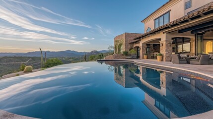 Panoramic perfection in a breathtaking image of a lavish pool, where vanishing edges meet a stunning backdrop of upscale landscaping