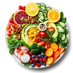 Healthy food clean eating selection: fruit, vegetable, seeds, superfood, cereal, leaf, lemon, avocado, salmon vegetable on white background.