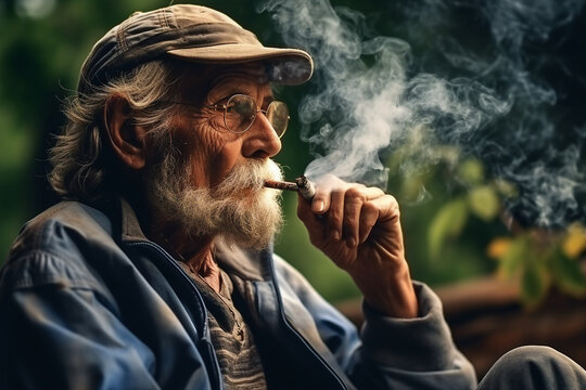 Photo of elderly man smoking a cigarette outdoors generative AI
