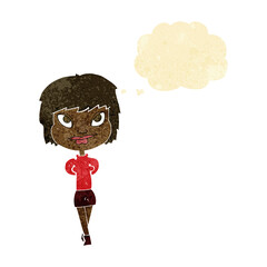 cartoon happy woman with thought bubble