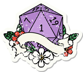 natural one d20 dice roll grunge sticker
