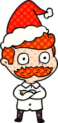 comic book style illustration of a man with mustache shocked wearing santa hat