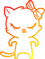 warm gradient line drawing cute cartoon cat with bow