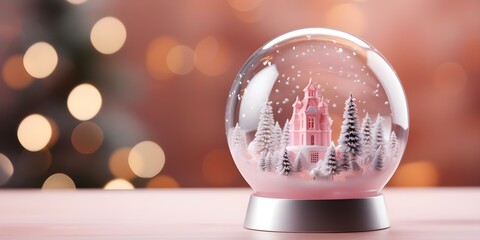 Fototapeta na wymiar Simple snow globe with Christmas theme on pastel pink backdrop blurred backgroundcopy space solid background. Concept Christmas Snow Globe, Pastel Pink Background, Blurred Background, Copy Space