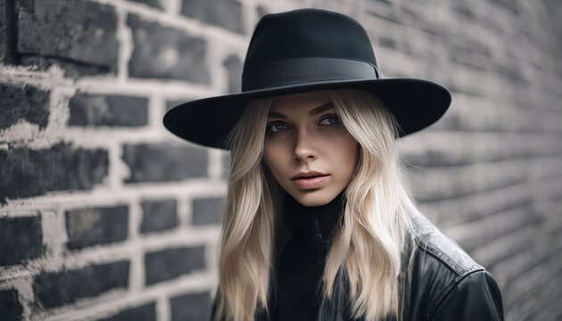 Beautiful young mysterious blond girl in black hat and black jacket on gray brick background