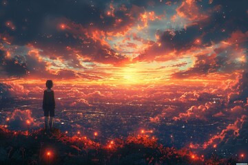 An anime girl observes the city as the sun sets, while a delightful woman appreciates the cityscape beneath the nighttime sky - obrazy, fototapety, plakaty