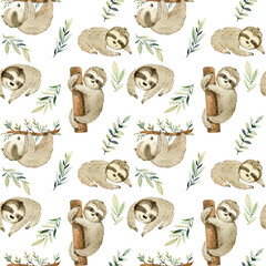 Watercolor seamless pattern with sloths. Exotic wallpaper for fabric, wrapping paper , etc © Tapilipa