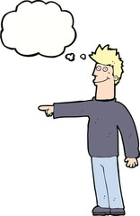 cartoon happy pointing man with thought bubble
