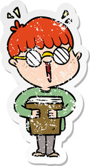distressed sticker of a cartoon boy and book
