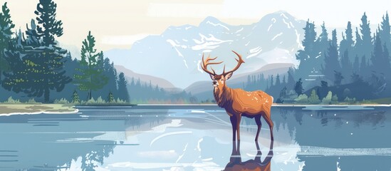 The unique retro illustration features deer exploring a lake in the middle of a forest against a backdrop of majestic mountains, creating a nostalgic atmosphere of forest adventure. - obrazy, fototapety, plakaty